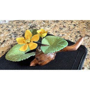 Norman Brumm Enamel on Copper Sculpture Yellow Flowers on Burl Wood
